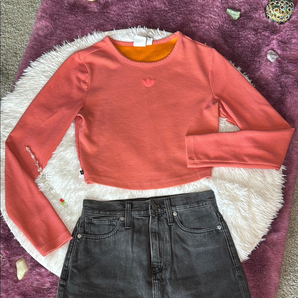 Adidas Ribbed Coral Long Sleeve Crop Top